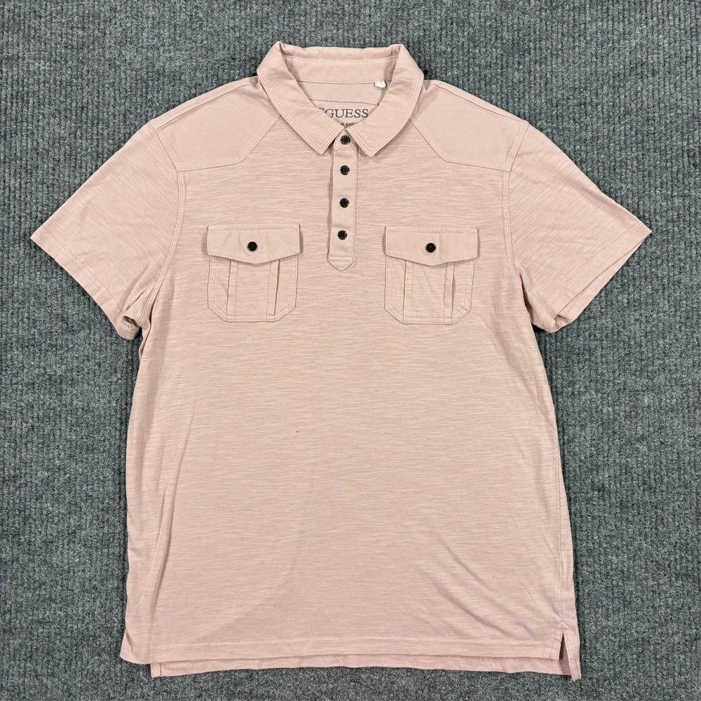 GUESS Mens Polo Shirt XL Pink Short Sleeve Dual Pocket Casual Stretch Cotton